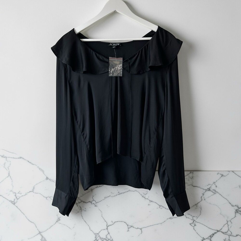 J.Crew Goldie Satin Women’s Blouse Long Sleeve Sz M Black Viscose Ruffle Silky